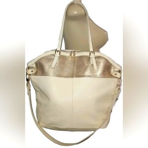 Kelsi Dagger Metallic Gold/Cream Pebbled Leather Large Satchel Shoulder Bag Mint